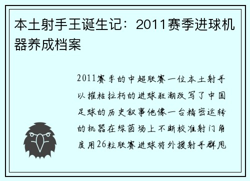 本土射手王诞生记：2011赛季进球机器养成档案