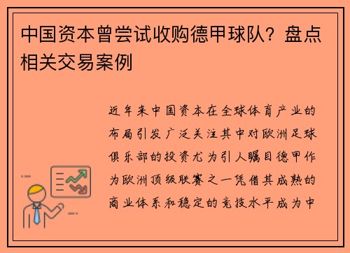 中国资本曾尝试收购德甲球队？盘点相关交易案例
