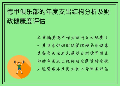 德甲俱乐部的年度支出结构分析及财政健康度评估
